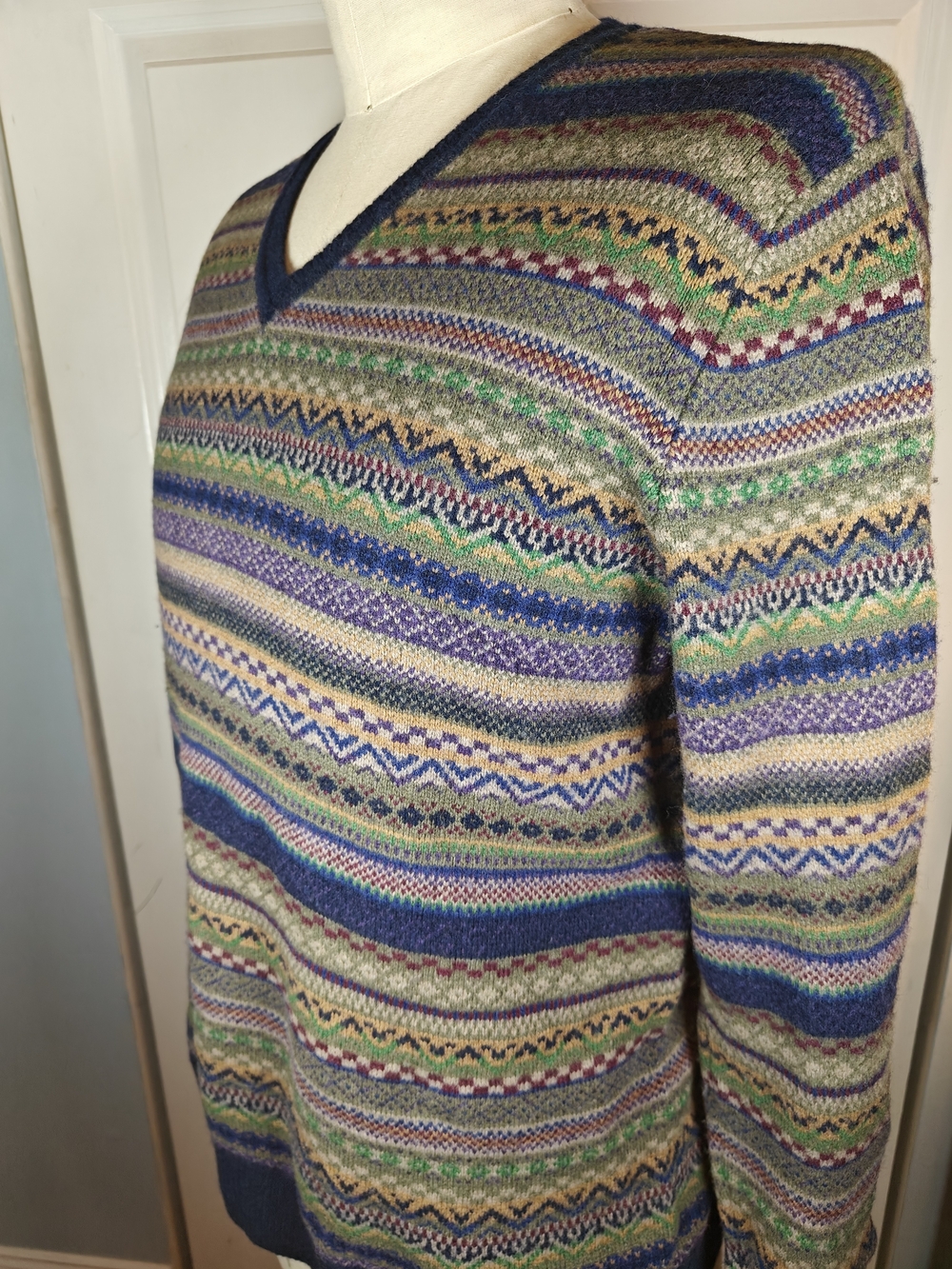 Brooks Brothers V-Neck Fair Isle Sweater in Blue, Green, Purple, Cream